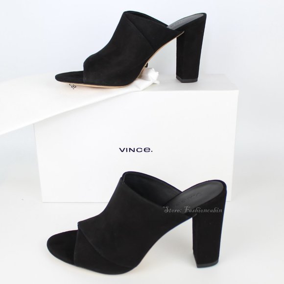 NEW Vince Heath Black Suede Block Heel Mules – Chic Casual to Dressy Sandals